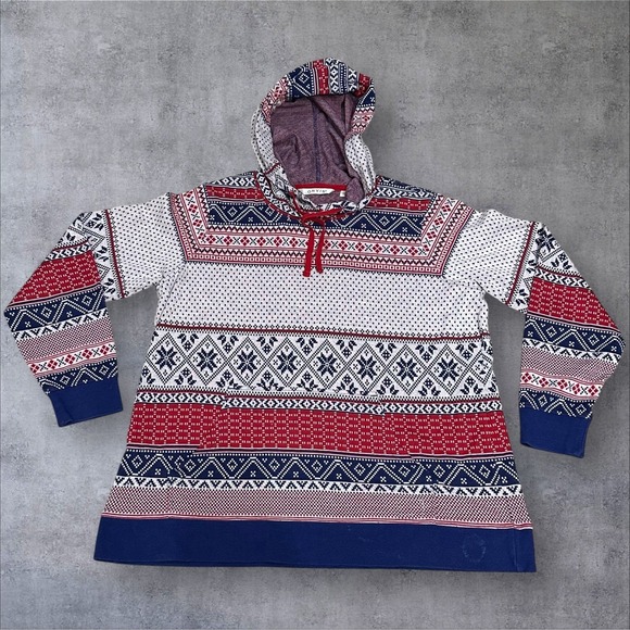 Orvis Sweater Womens L Nordic Fair Isle Hooded Pullover Knit Christmas Red Blue - Picture 1 of 10